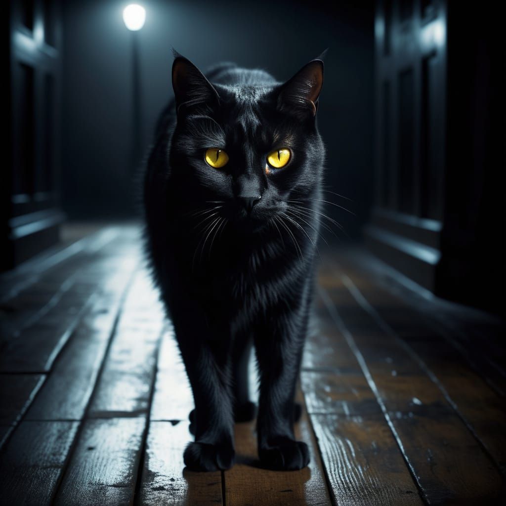 Eerie Photorealistic Black Cat With Glowing Yellow Eyes