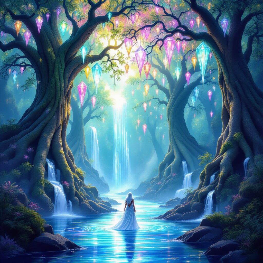 Celestial Forest Oracle: Ethereal Elf in Luminous Landscape