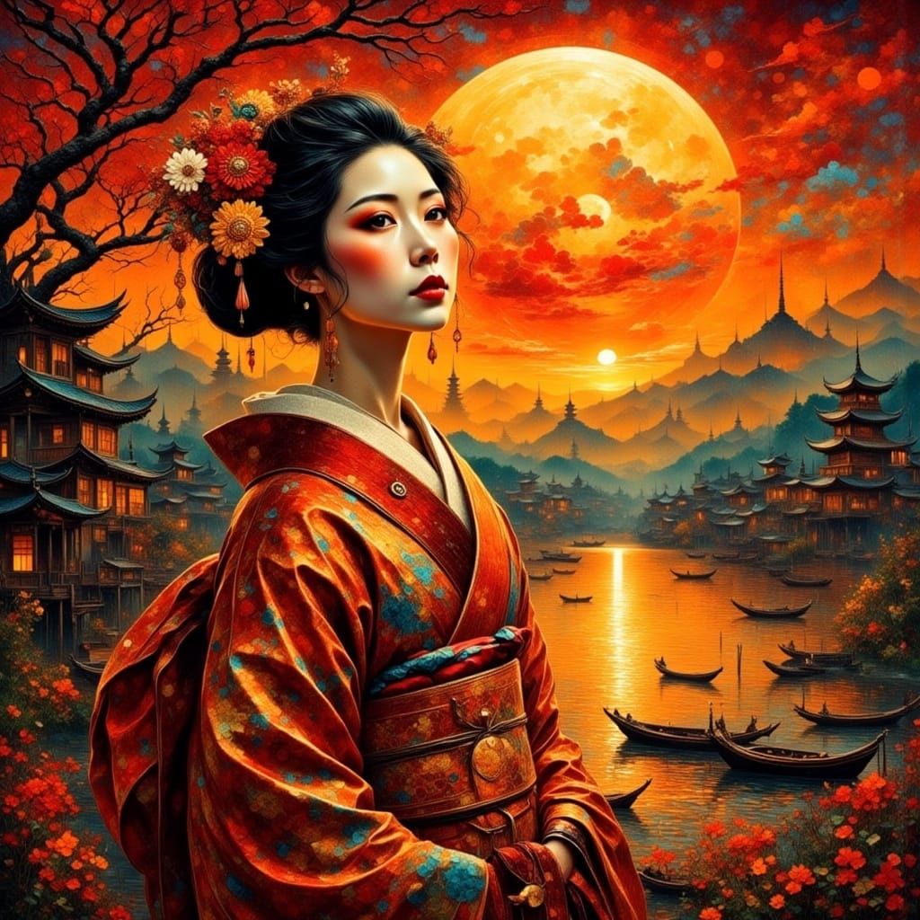 Vibrant Japanese Geisha Radiates in a Rising Sun