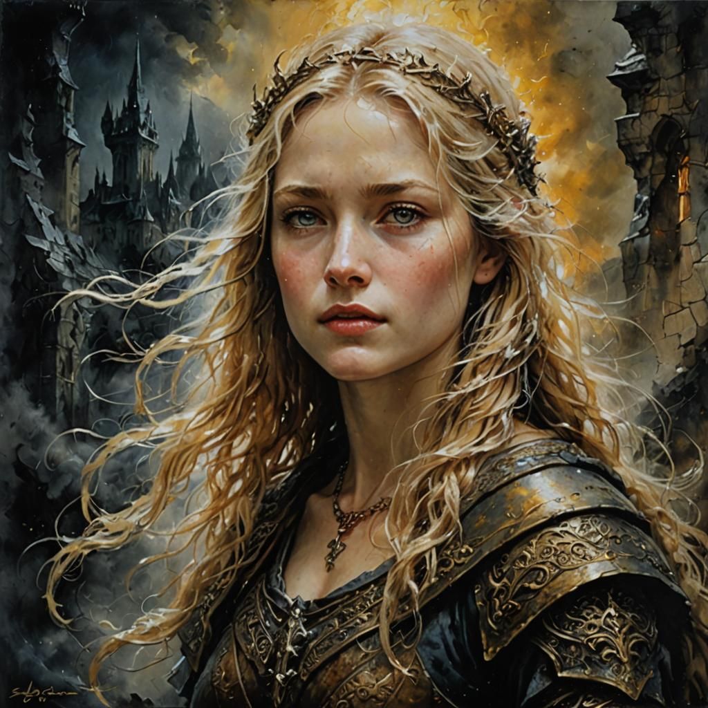 Eowyn Confronts Barad-dûr: Hyperdetailed Oil Painting
