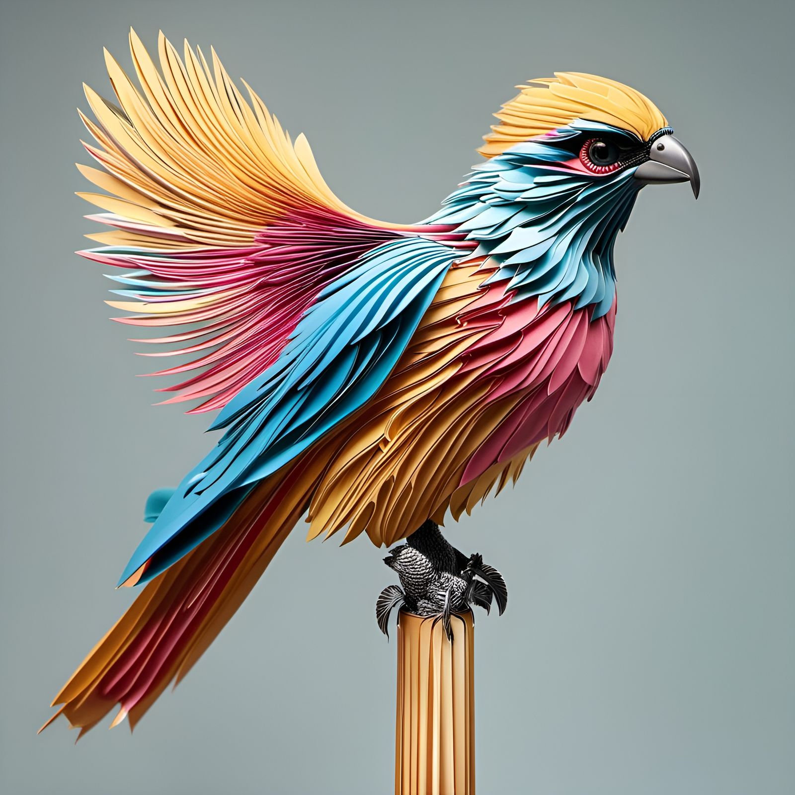falcon with flowers, paper folds, origami, craft, folded paper, colors, front facing, center facing,