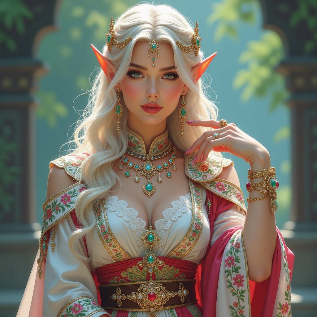 Elf Woman in Colorful Attire, Fantasy Illustration