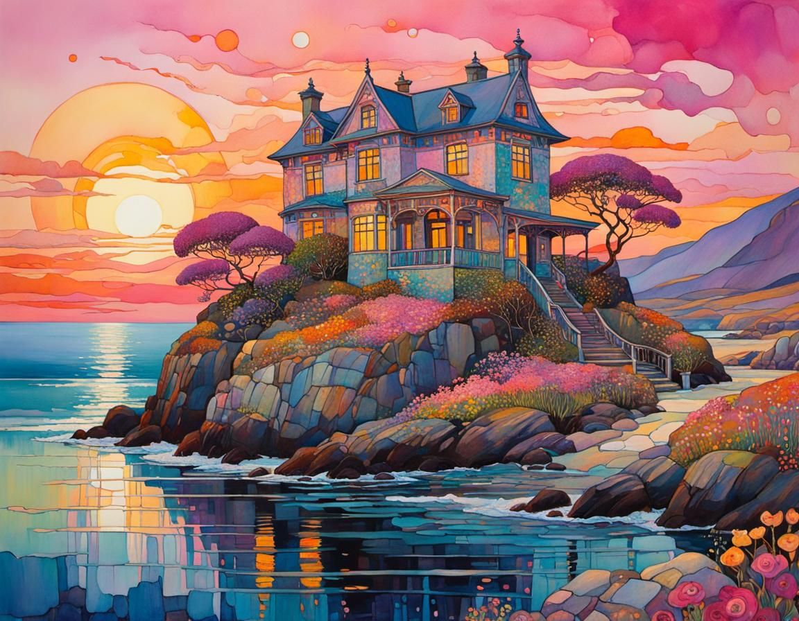 Whimsical Seaside House in Impressionist Art Nouveau Style