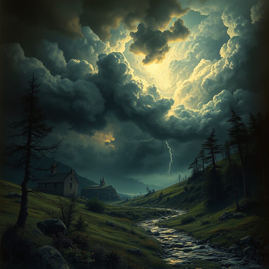 Dark Gothic Landscape Under Turbulent Thunderstorm Skies