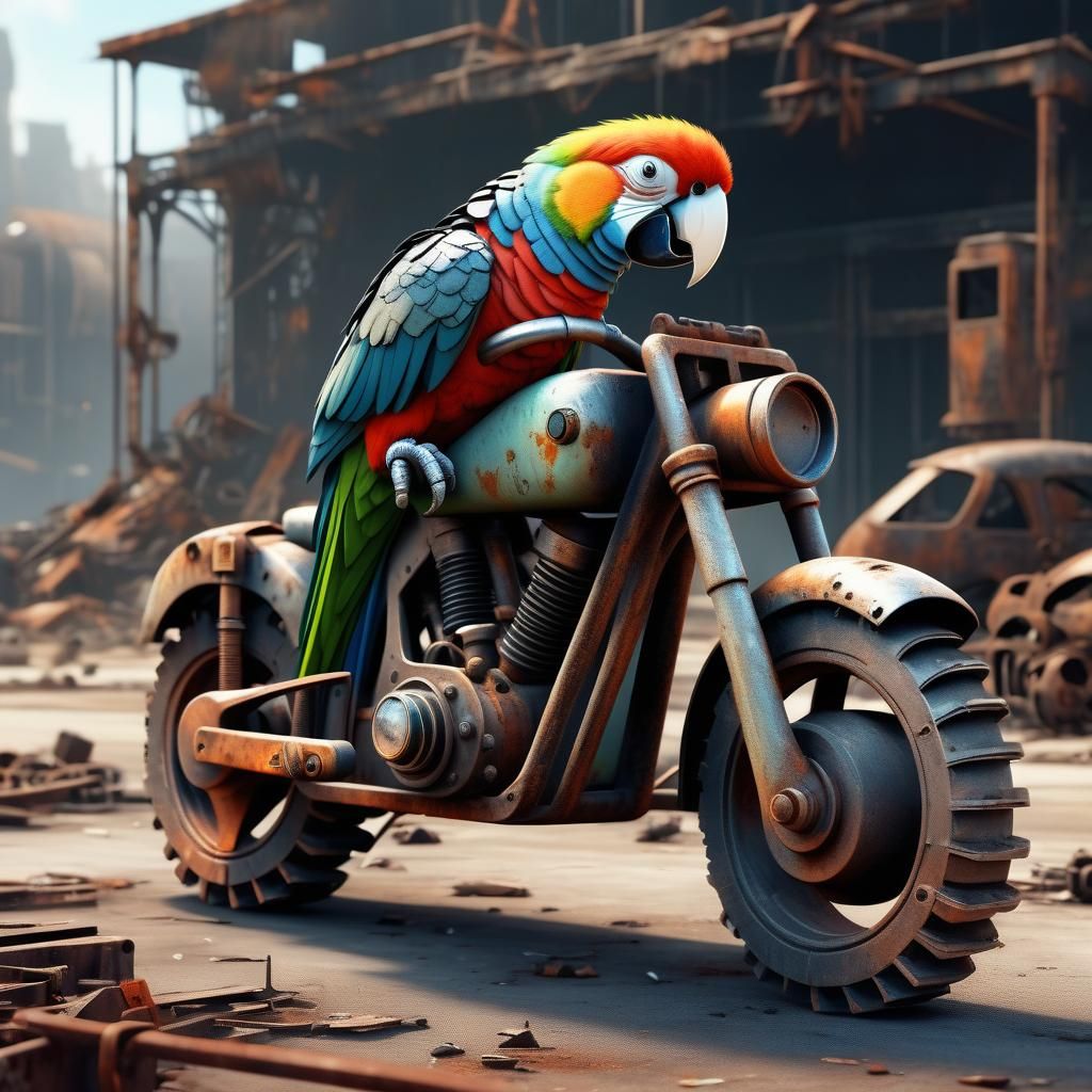 Cyborg Parrot on Motorcycle in Post-Apocalyptic World
