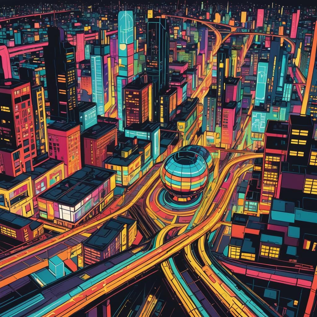 Futuristic Cityscape with Bauhaus Patterns and Neon Lights