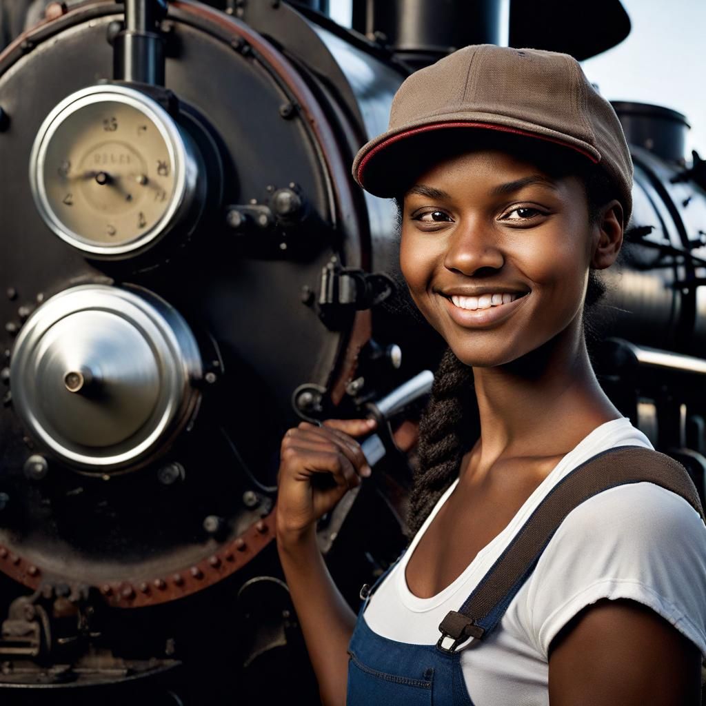 Young Woman Working on Steam Engine Portrait