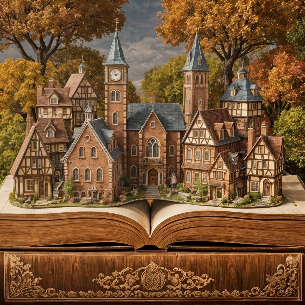 Miniature Village on Book in Autumn Colors