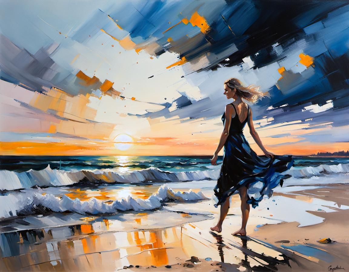 Beach Sunset Painting in Impasto Style