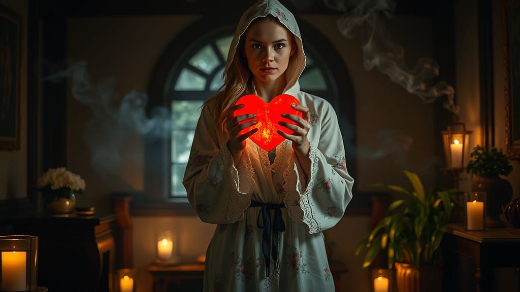 Mystical Woman Holds Glowing Heart in Old Room