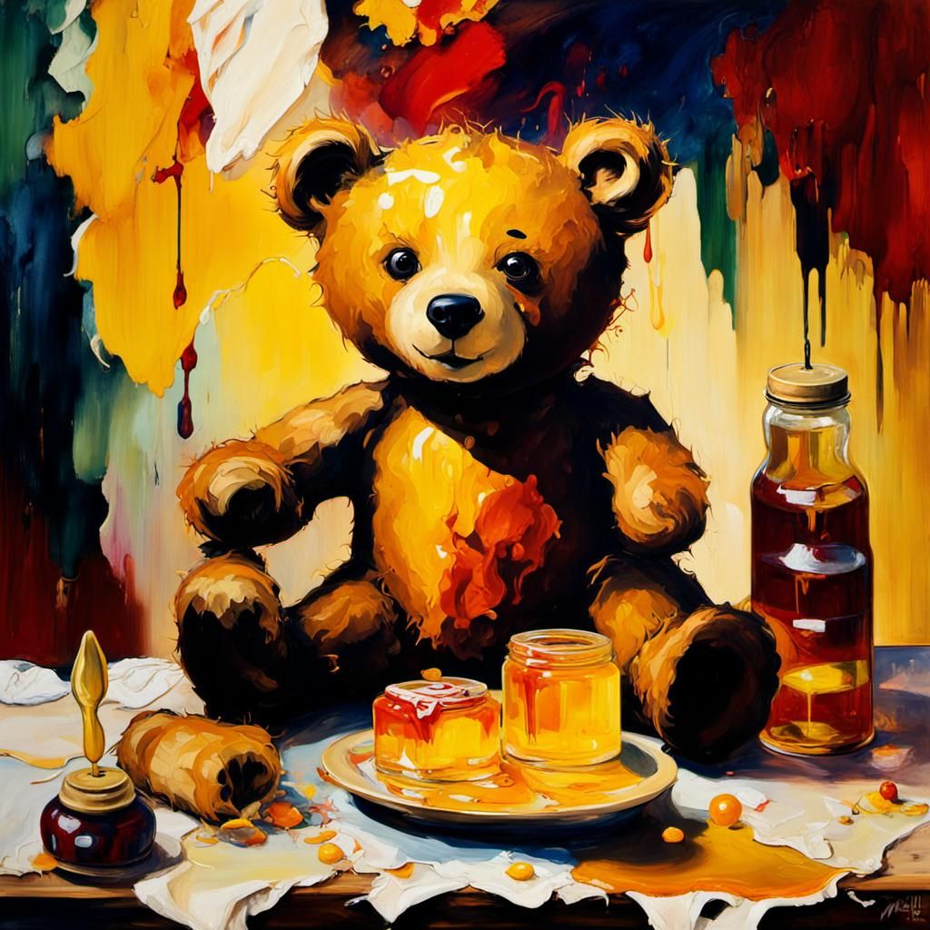Expressionist Teddy Bear with Honey in Oil Painting
