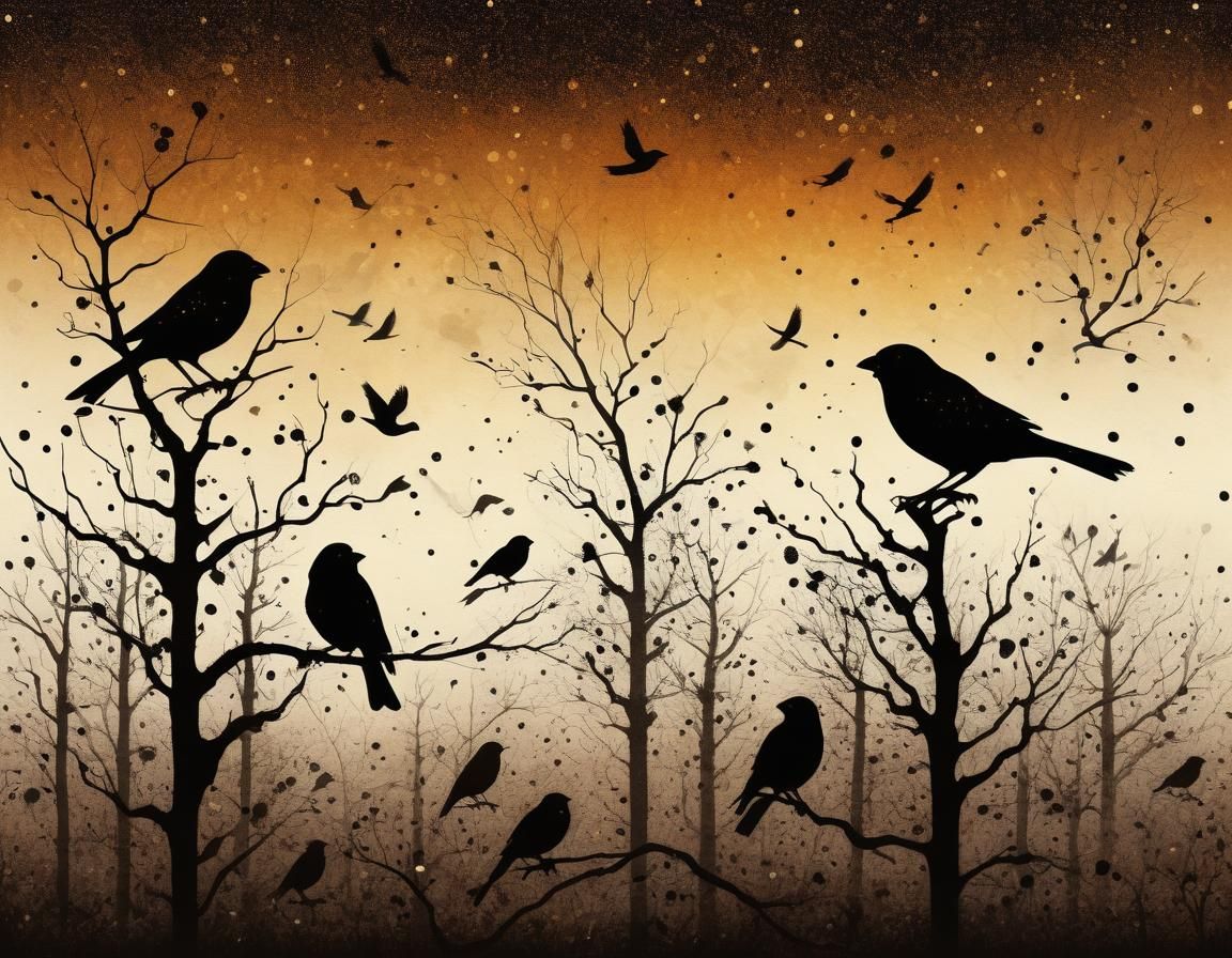 Ethereal Crows and Sparrows in Abstract Landscape