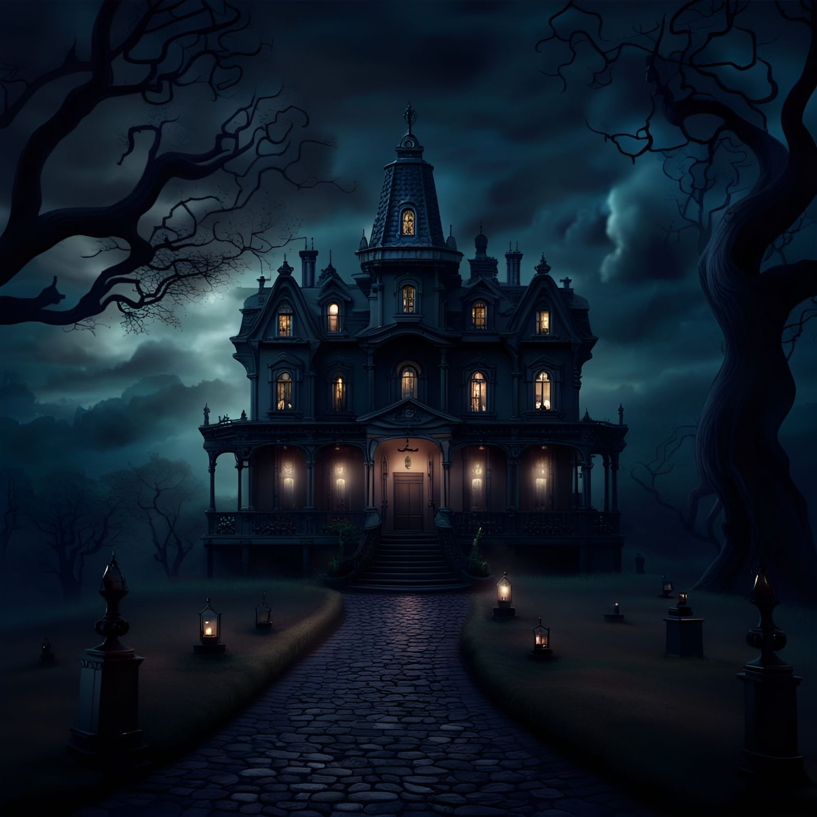Dark Victorian Mansion Overlooking Graveyard