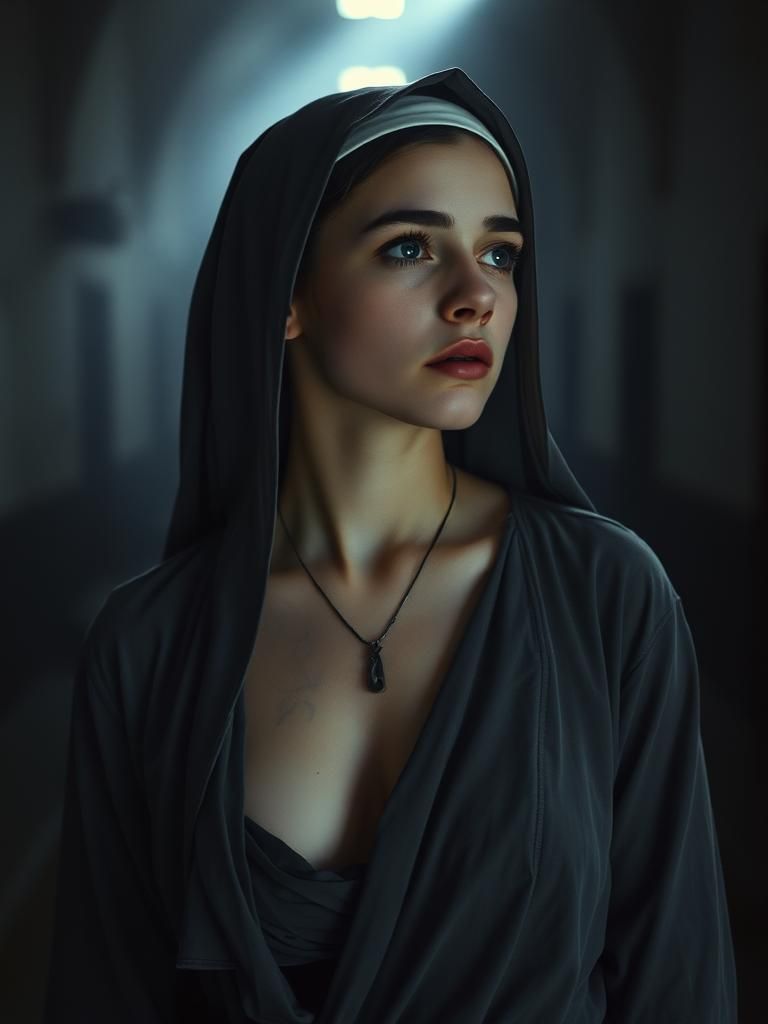 Eerie Nun in Abandoned Monastery: Analog Photograph