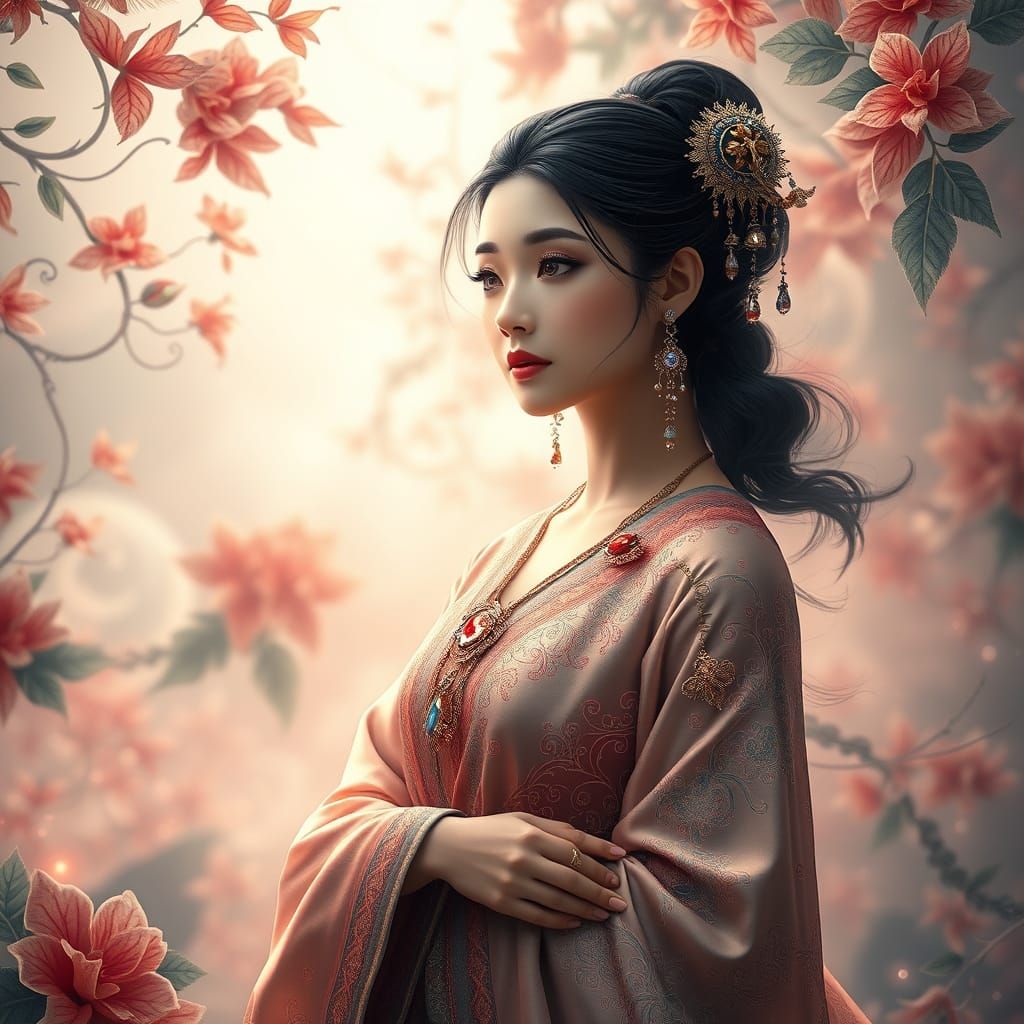 Elegant Asian Goddess in Dreamlike Landscape
