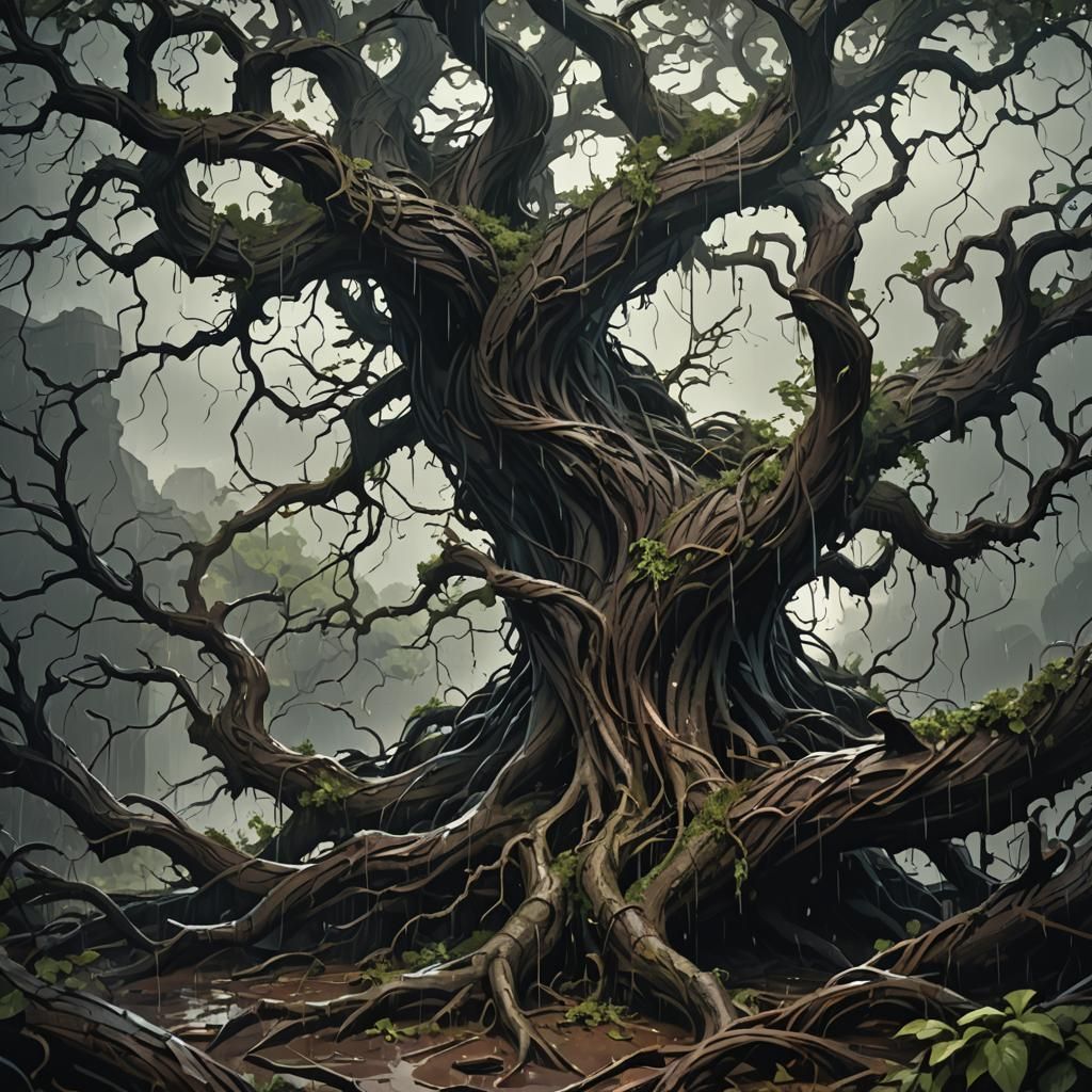 Ancient Tree Bends in Storm: Dark Fantasy Art