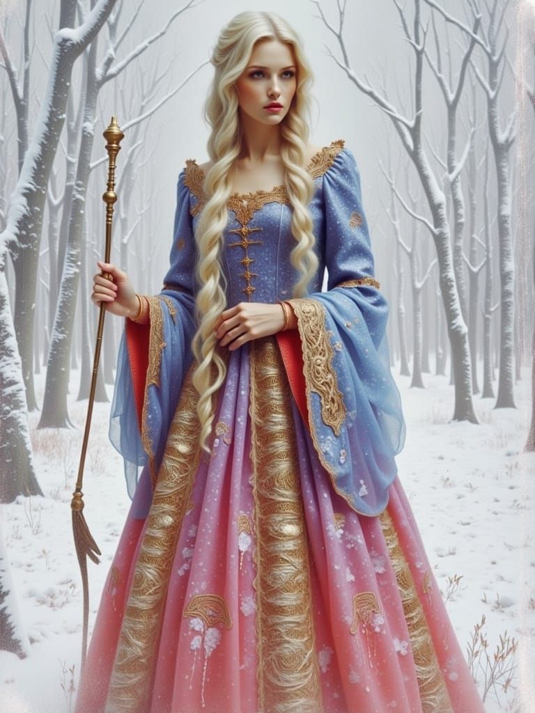 Elegant Russian Princess in Lavish Gradation Sarafan, Adorne...