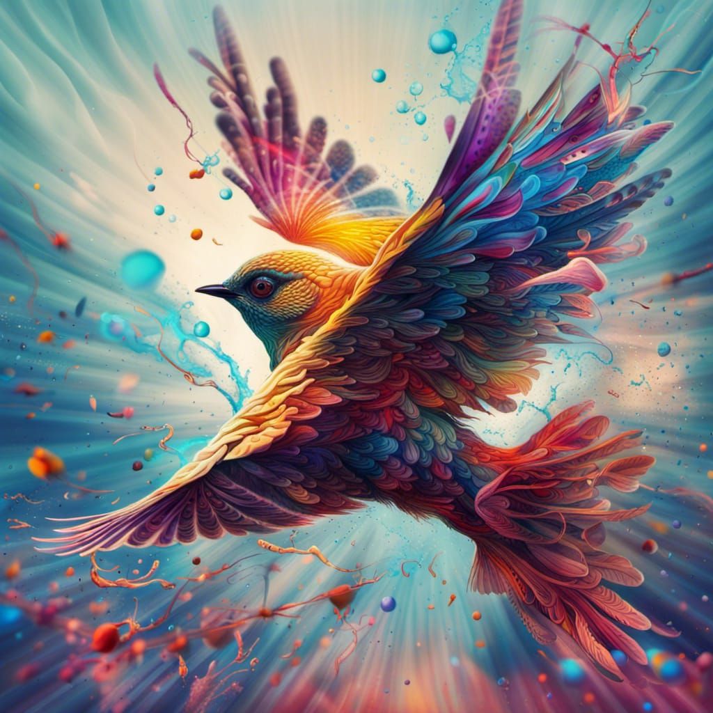 Psychedelic Bird in Flight: Hyperrealistic Splash Art