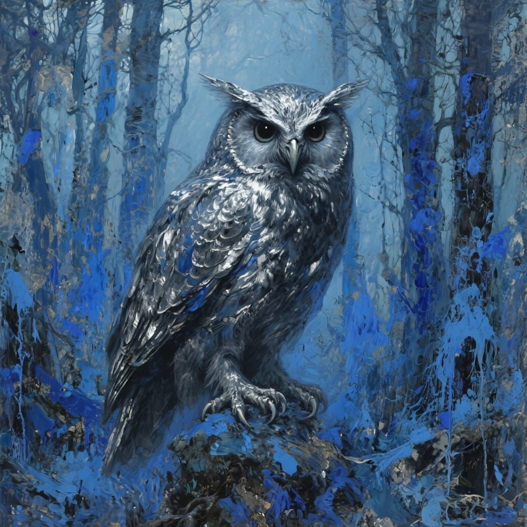 Owl, dark silver, Blue Silver and silver on the edge of drea...