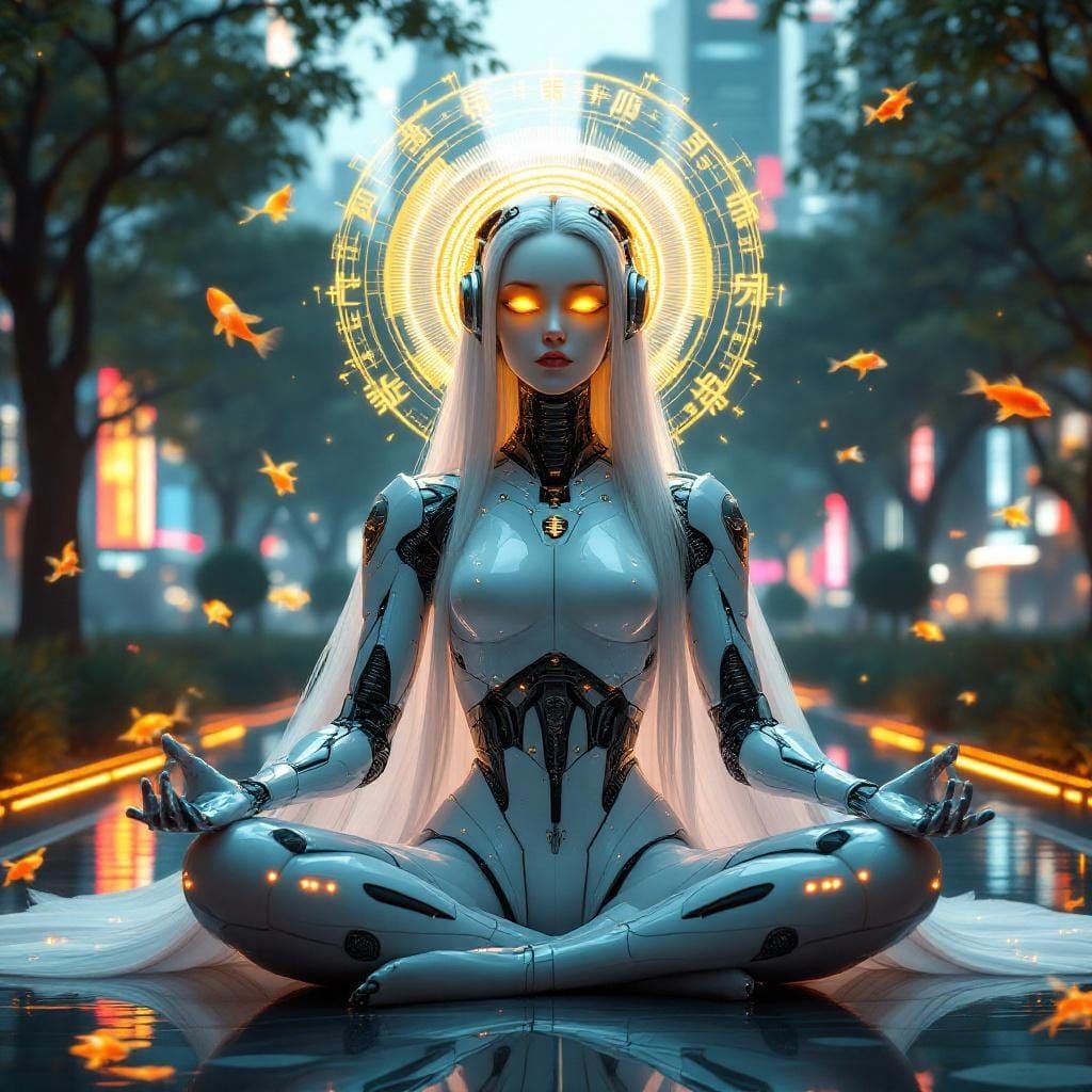 Cyber Geisha Meditates in Futuristic City Park