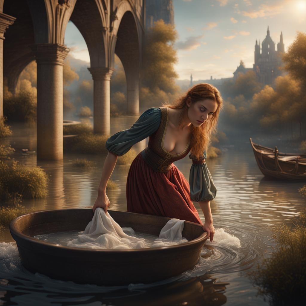 Renaissance Woman Washing Clothes by River