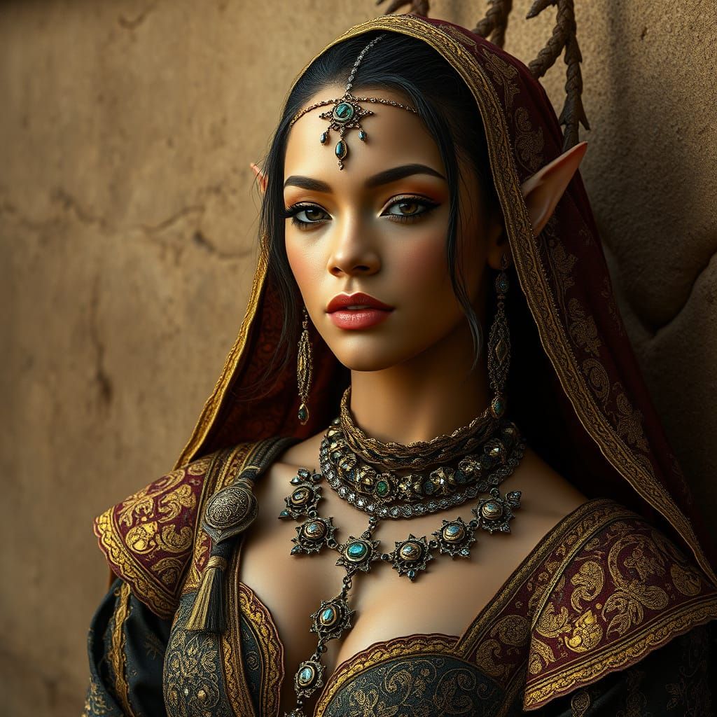 Rihanna-esque Half-Elf in Ornate Medieval Attire