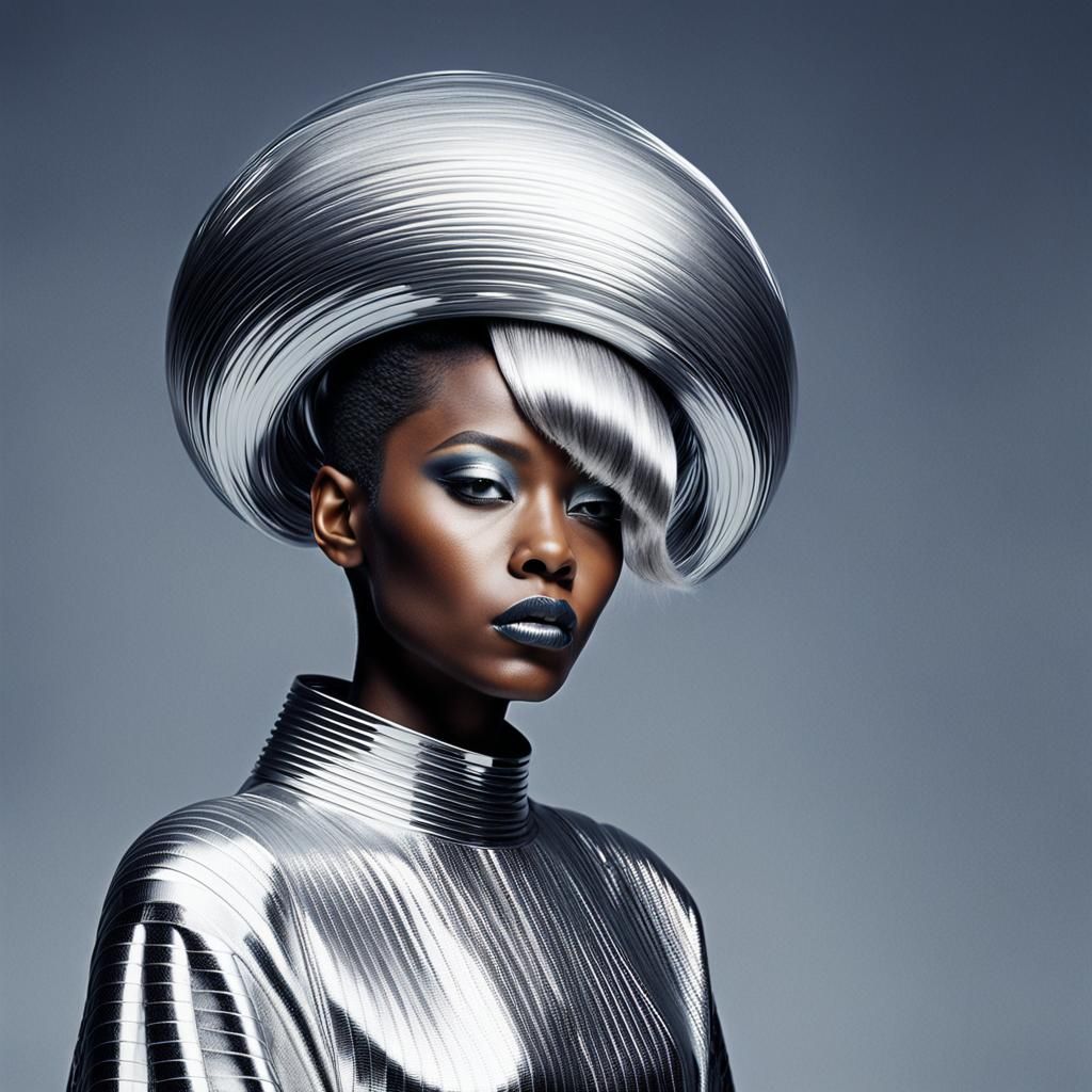 Futuristic Black Woman with Avant-Garde Silver Hair