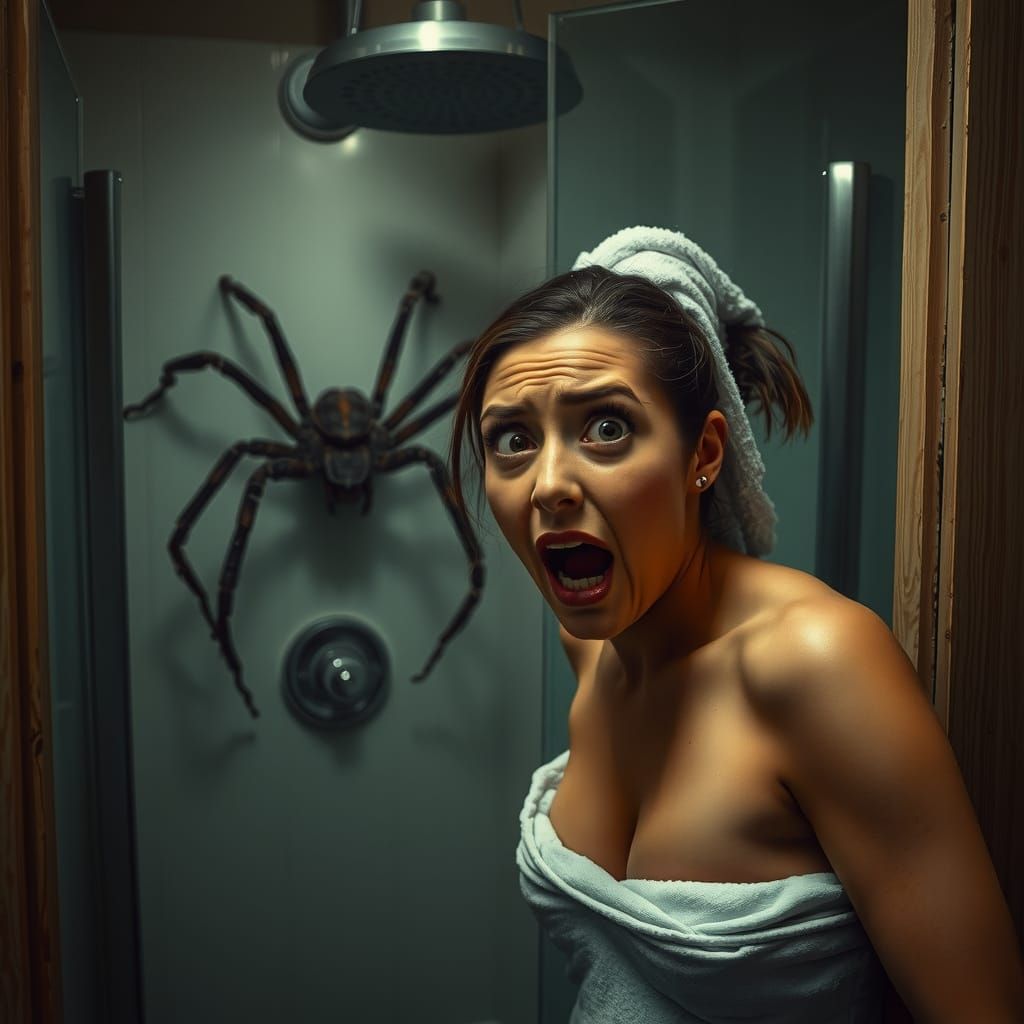 Terrified Woman and Lurking Spider: Dramatic Illustration
