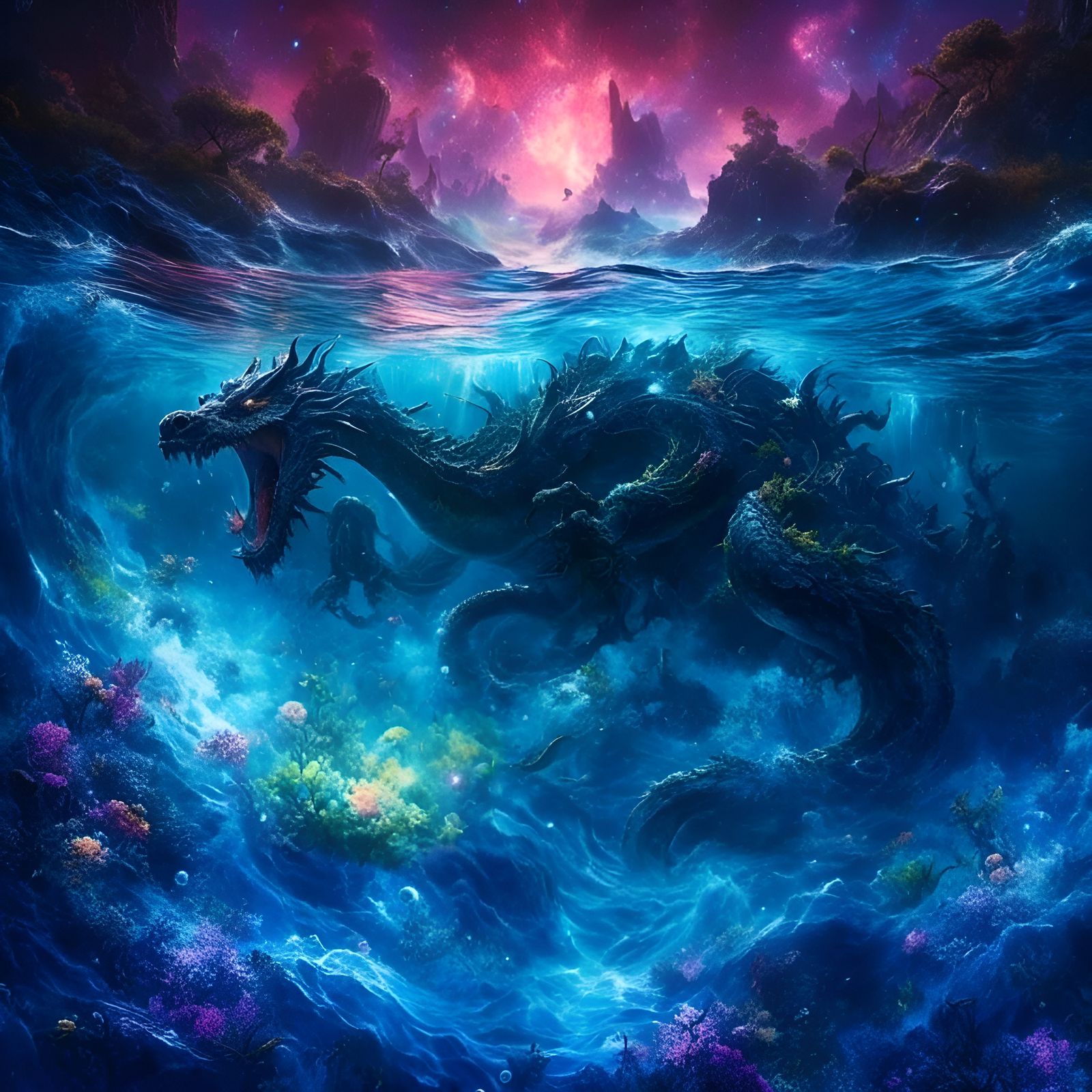 Bioluminescent Dragon in Underwater Dark Fantasy