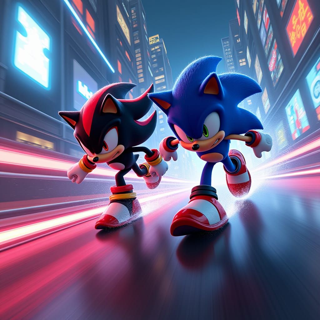 Sonic and Shadow Race on Futuristic Neon Track