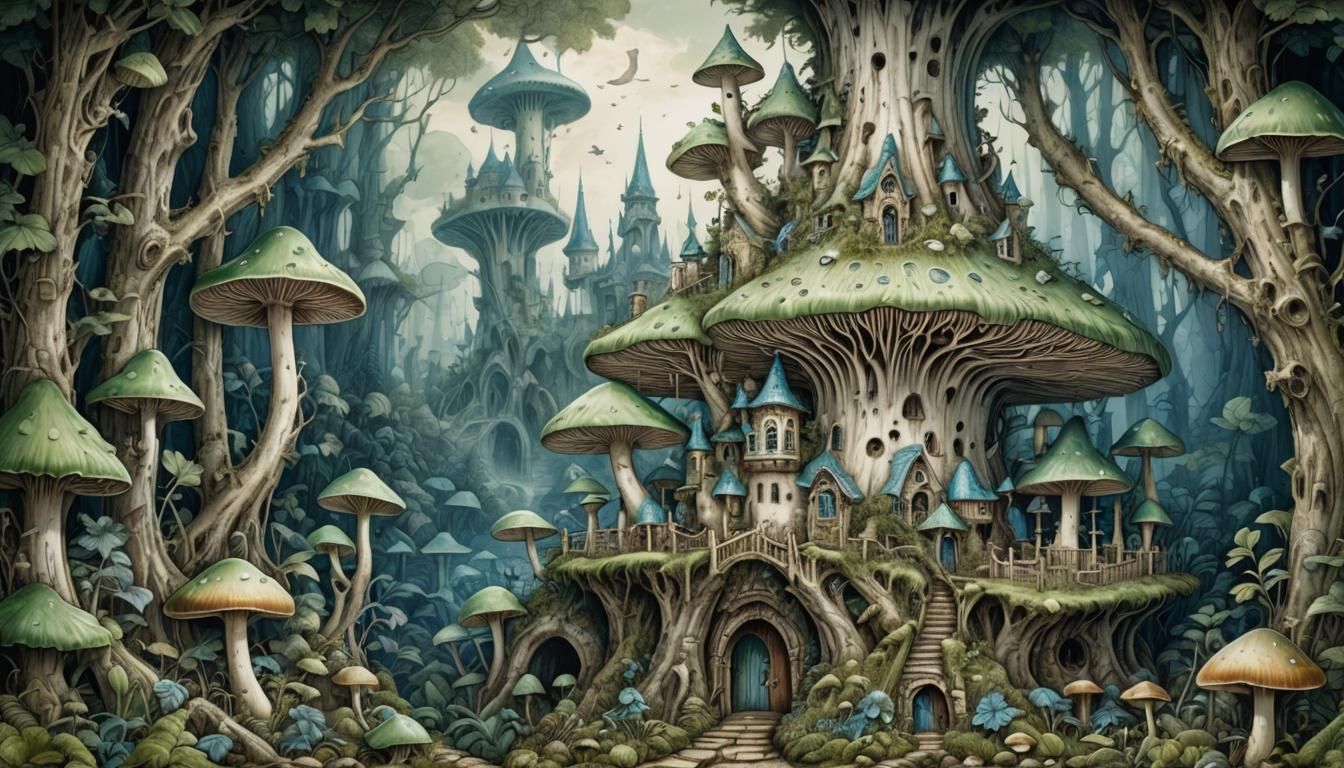 Intricate Fairy Castle Engraved in Mushroom Cross-Section