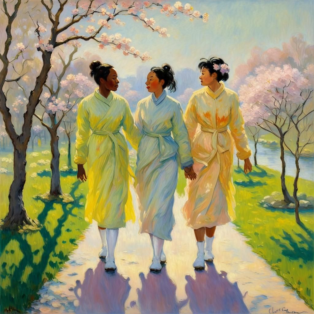Art by Claude Monet, Impressionist awakening of spring, lesbian couple holding hands, two gay women, one woman is Africa...