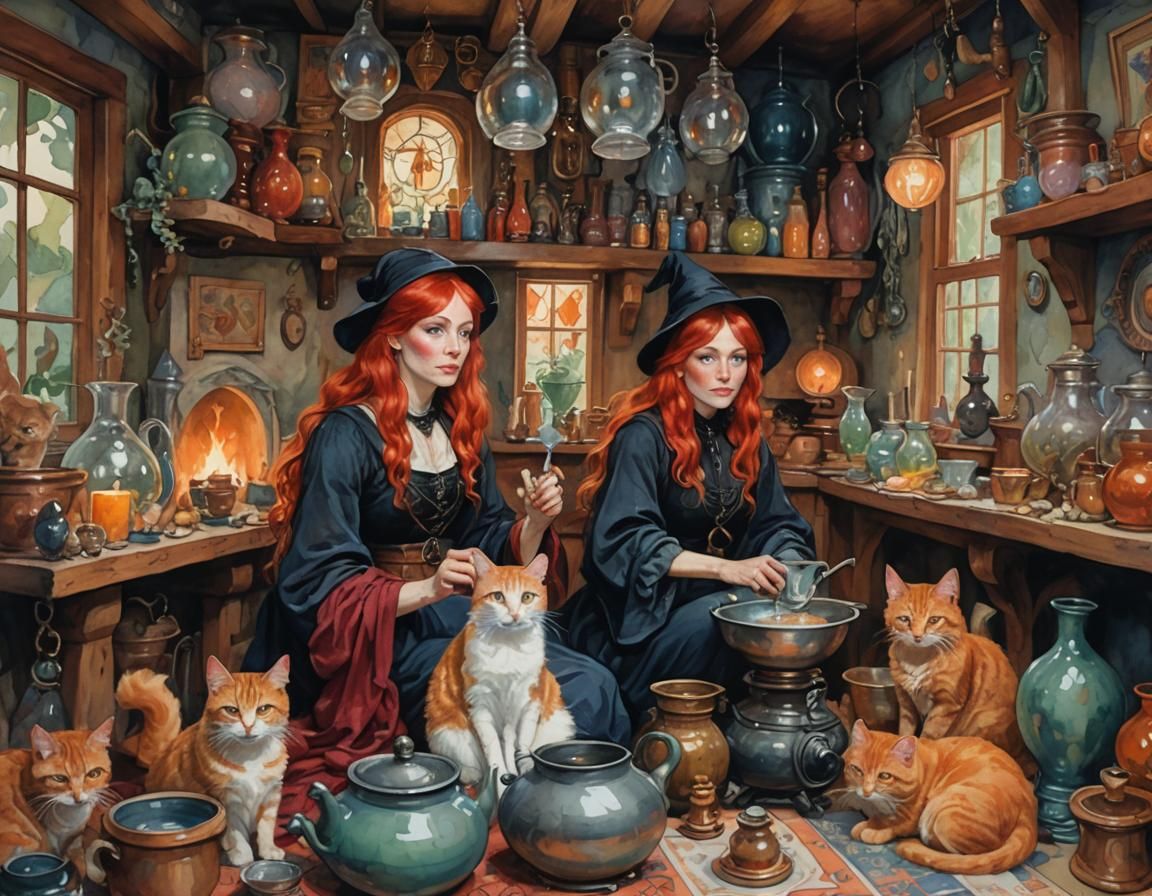 Red-Haired Witch in Cottage, Gouache Impressionist Style