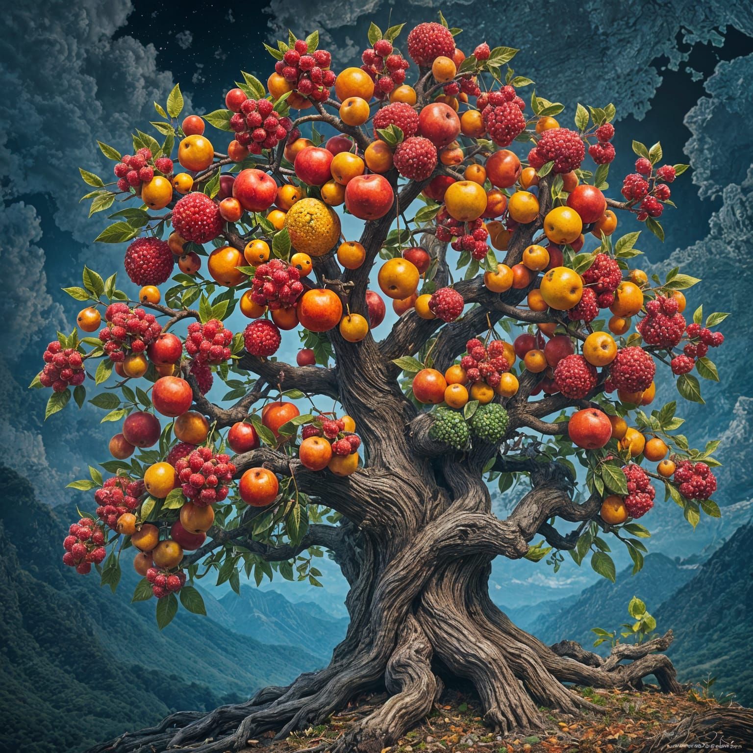 Vibrant Tree of Life with Fractal Bark