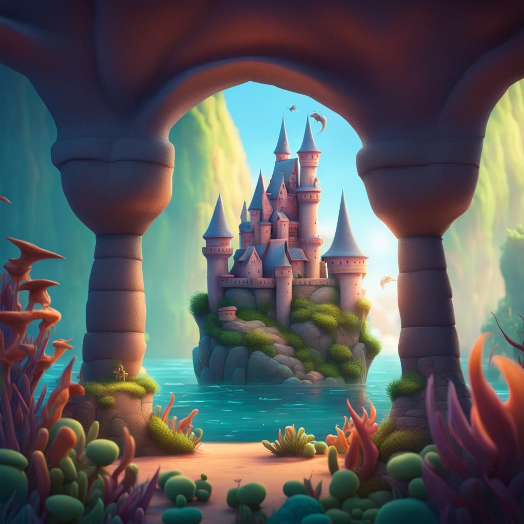 Caped Shrimp and Plant Shark Castle: 3D Digital Art