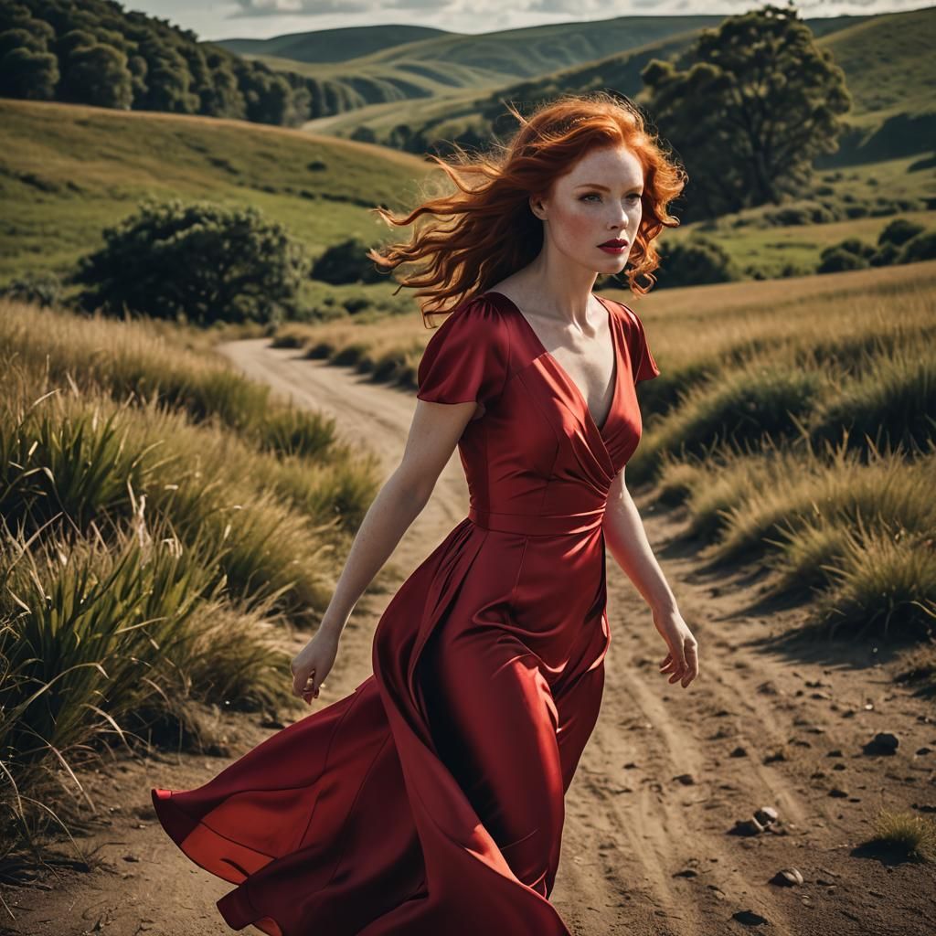 Redhead in Red Satin Dress in Cinematic Style
