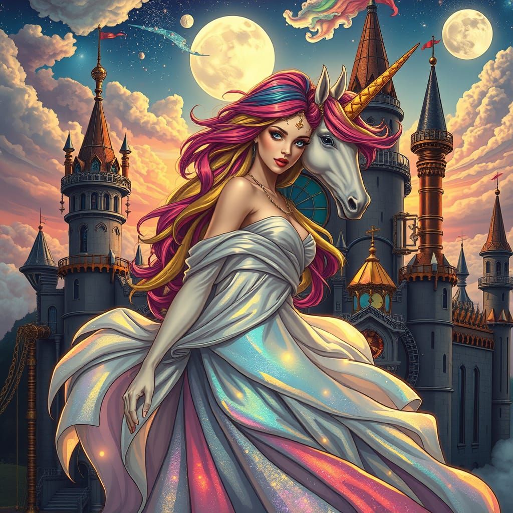 Regal Unicorn Empress in Whimsical Punk Steam Castle