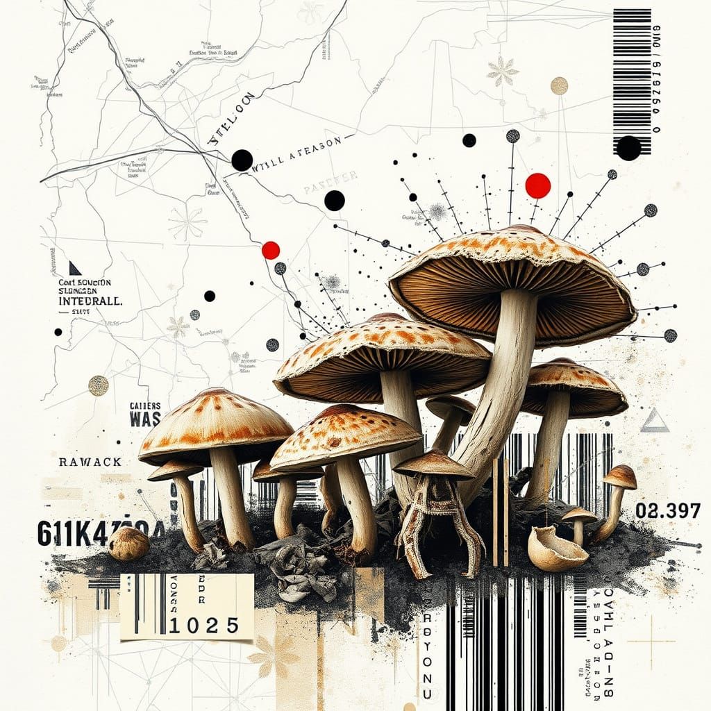 Abstract Mushroom Collage with Glitch and Grunge Textures