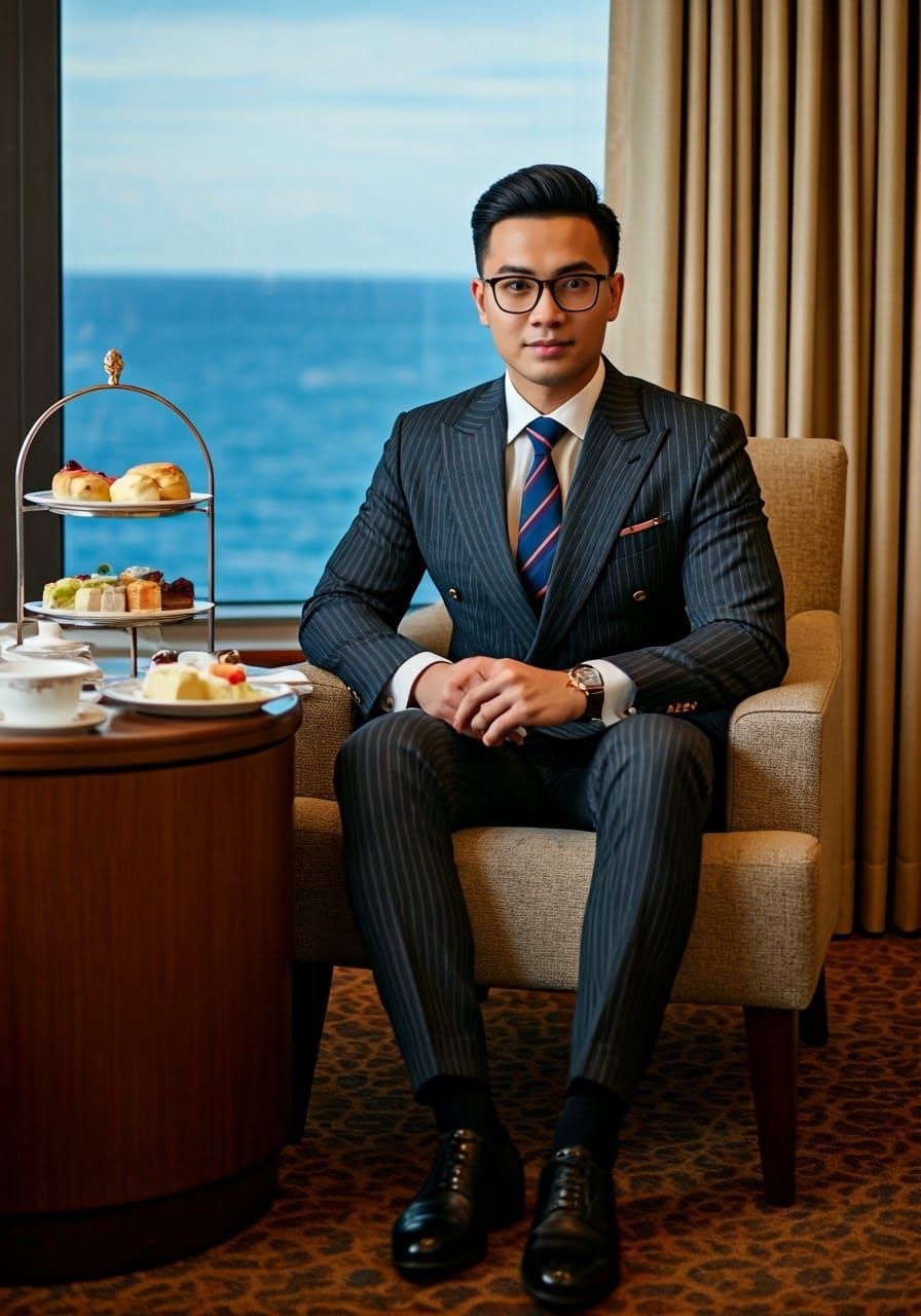 Elegant Gentleman Sips High Tea on Luxury Cruise Ship
