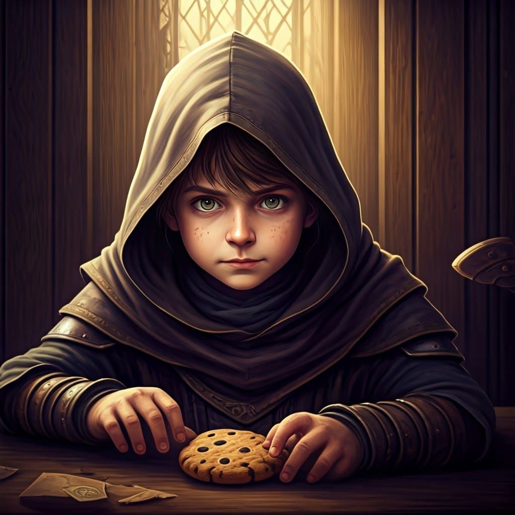Toddler Rogue Stealing Cookie: Dark Fantasy Concept Art