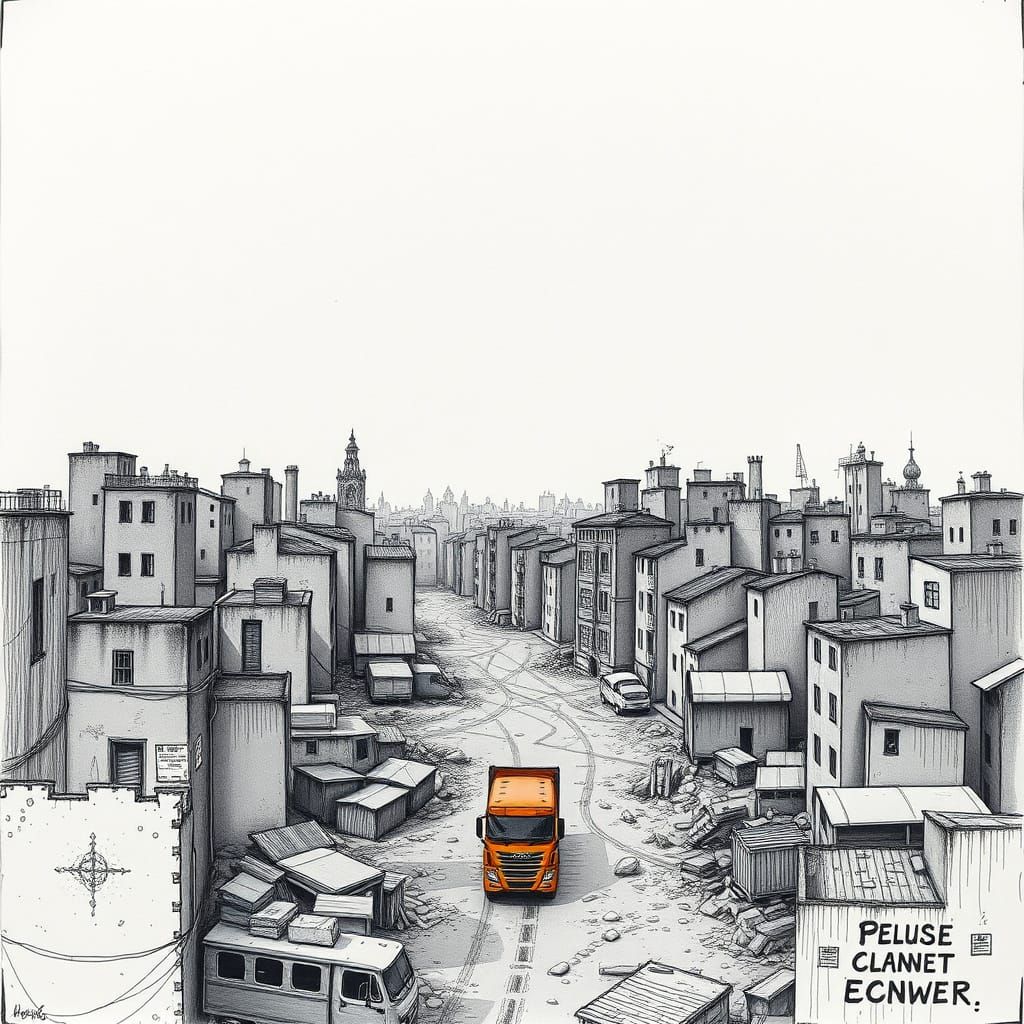 Despondent Cityscape with Vibrant Orange Truck
