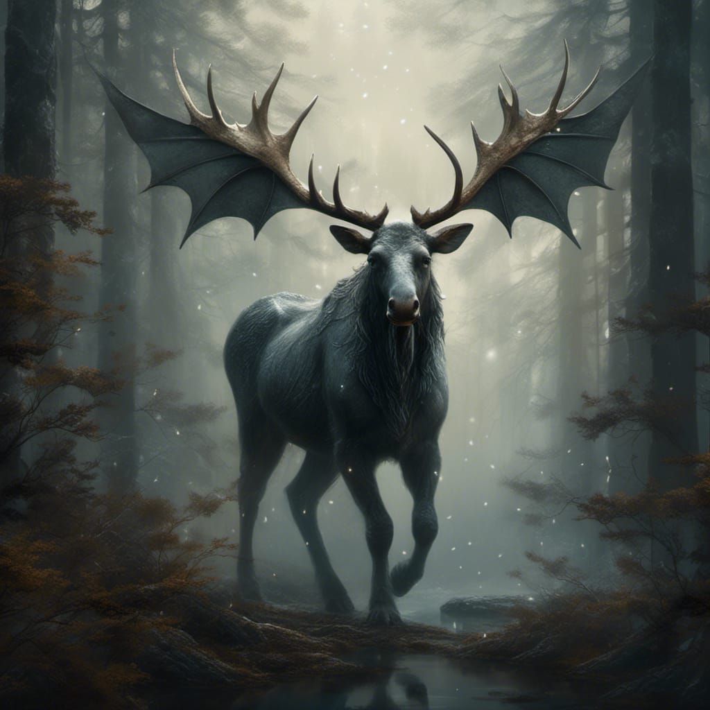 Fantasy Bat-Winged Moose Soaring Over Boreal Forest