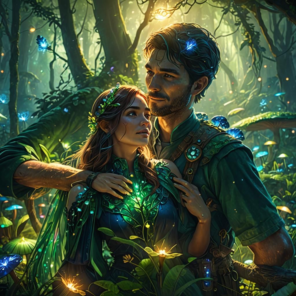 Happy Couple Embrace in Mystical Forest