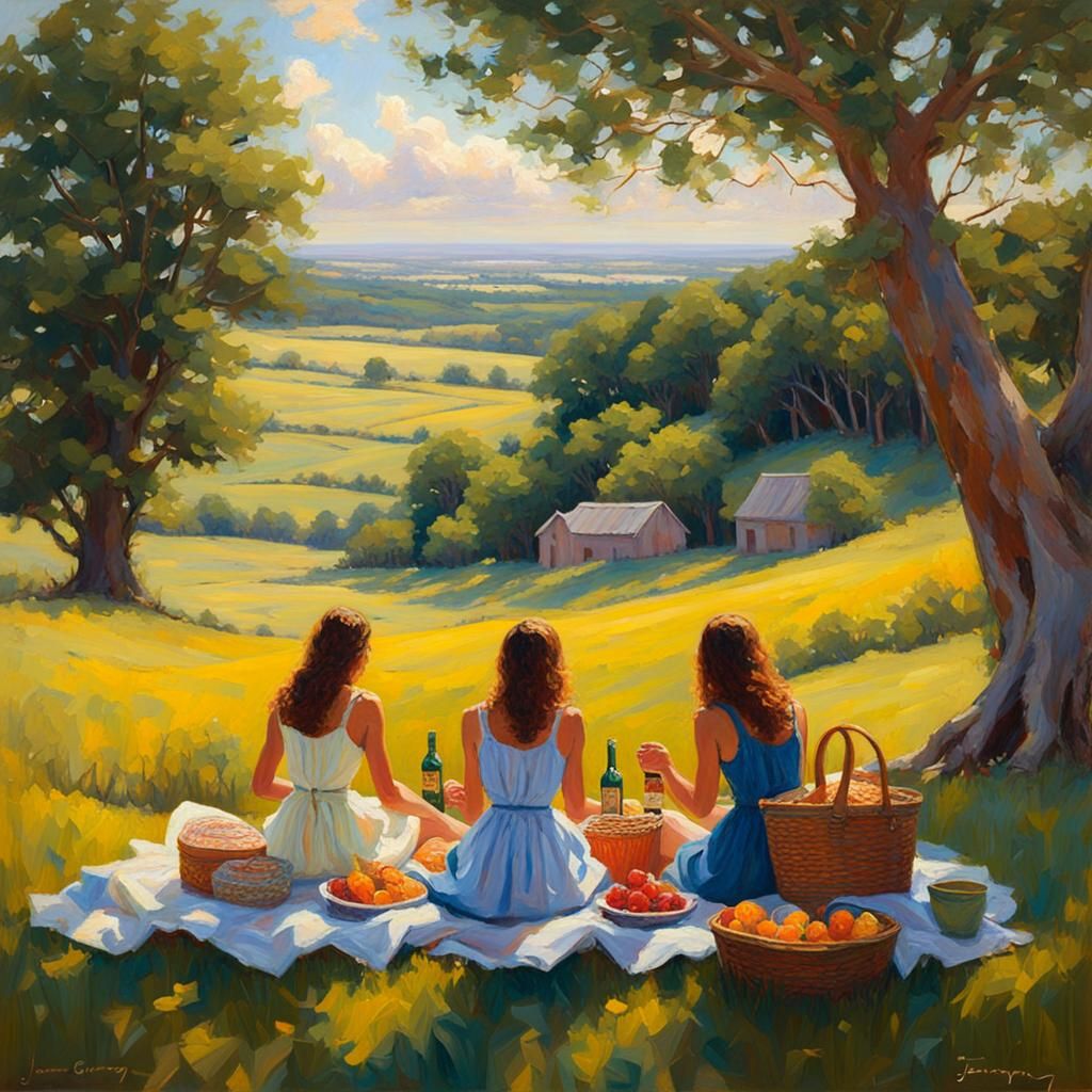 Sisters Picnic in Lush Countryside as Oil Painting