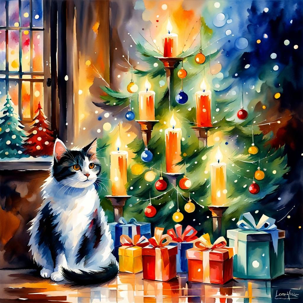 Christmas Tree with Cats in Watercolor Style