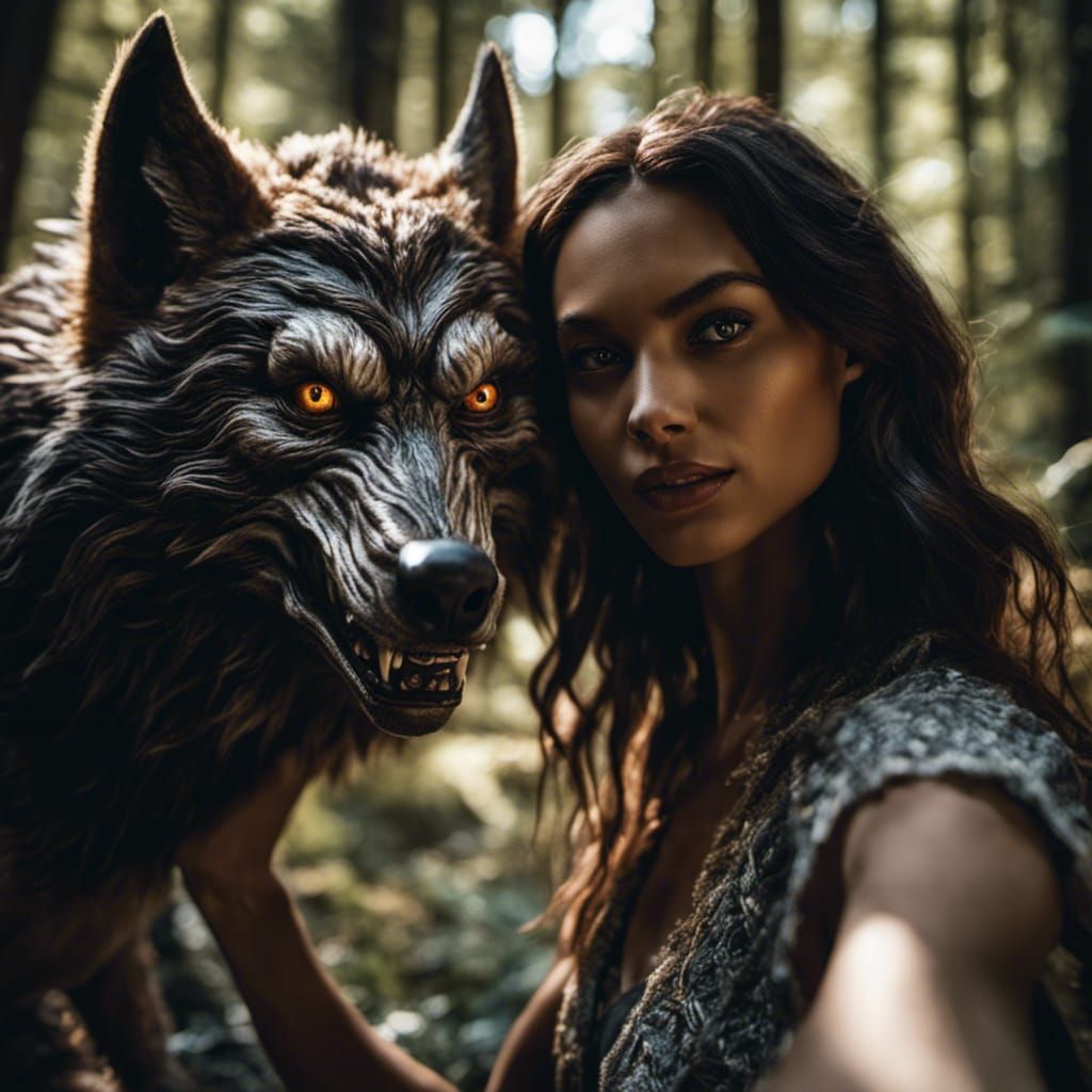 Selfie with Werewolf in Woods: Hyperrealistic Concept Art