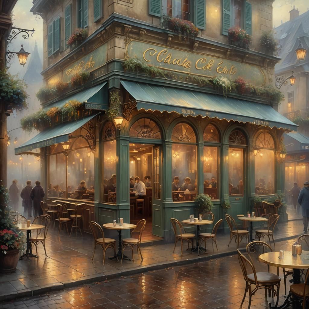 Misty French Cafe in Ethereal Oil Painting Style
