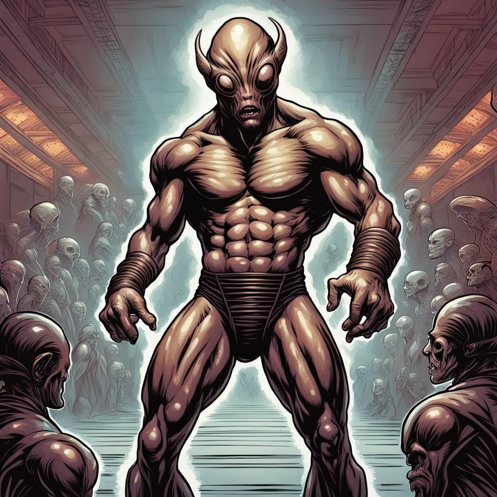 Alien Wrestler in Comic Book Art Style