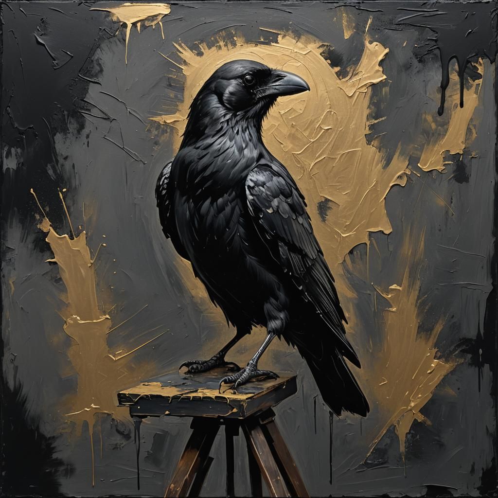 Matte Black Crow with Golden Highlights on Canvas