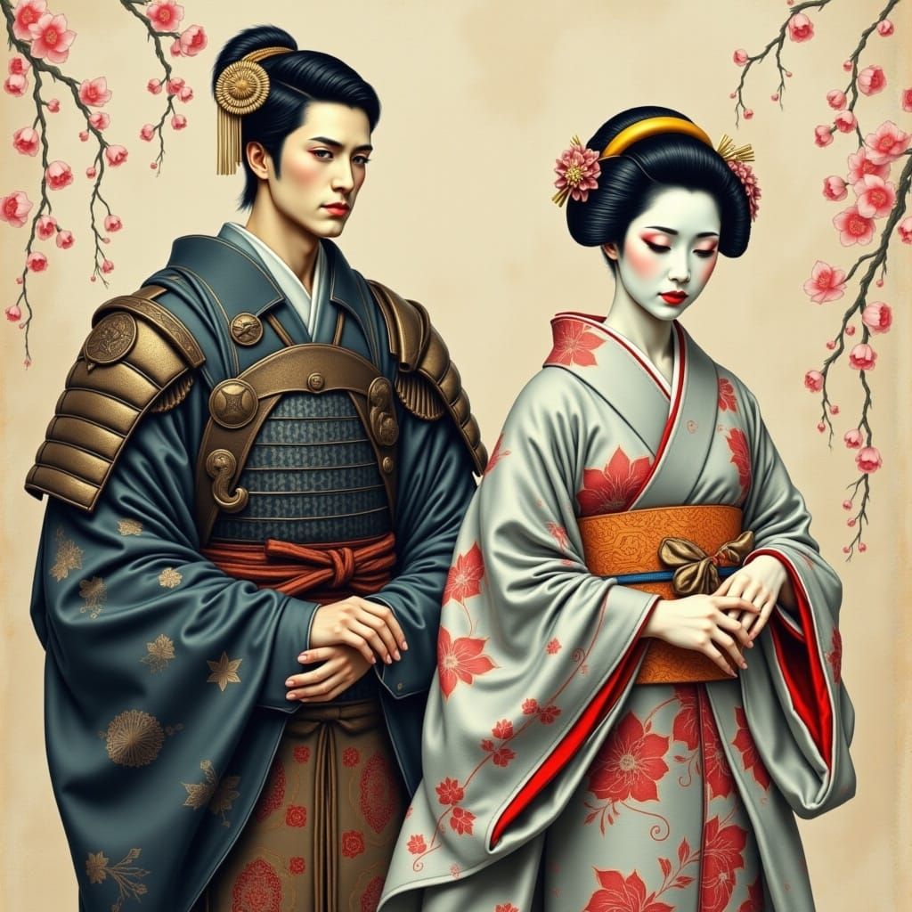 Dignified Samurai and Geisha in Traditional Japanese Setting